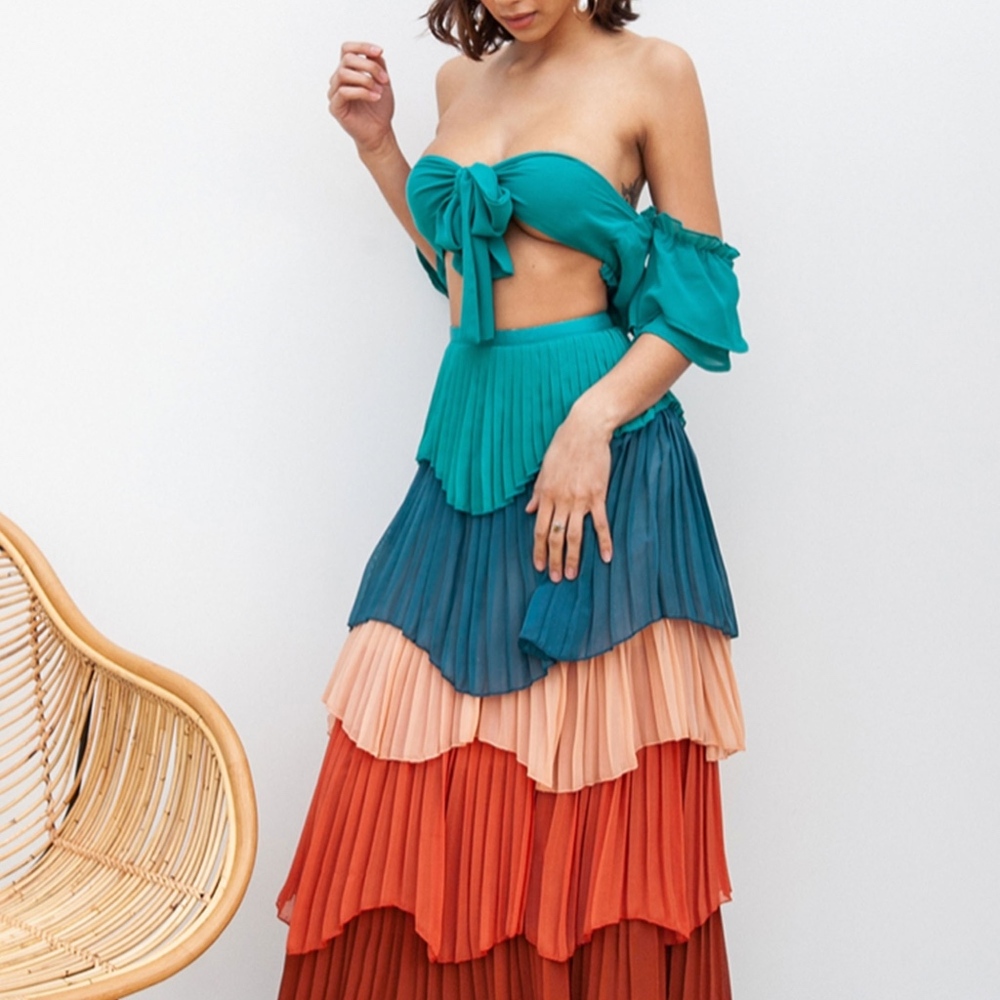 Flamenco Teal Top  with Tiered Maxi Skirt